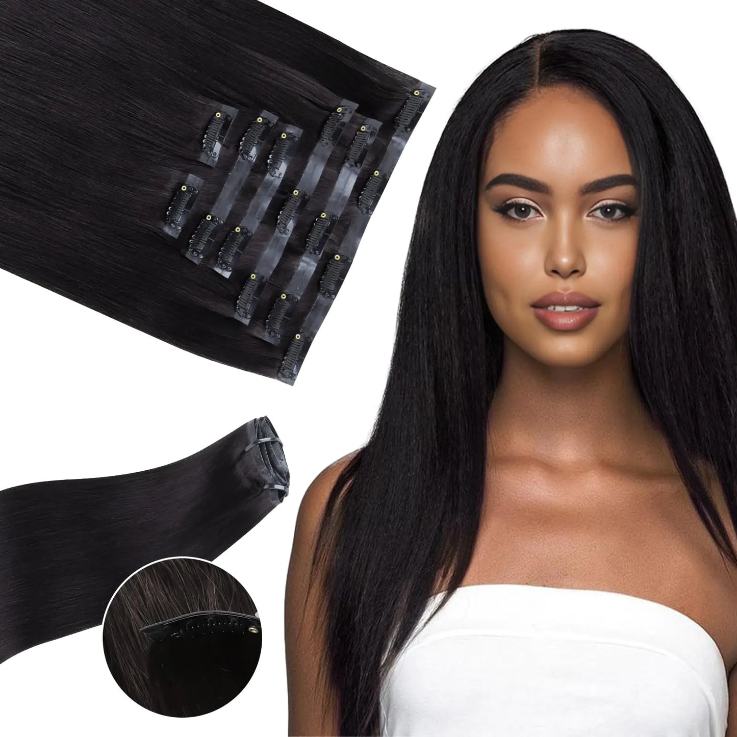 Yaki Straight Seamless Clip in Hair Extensions Real Human Hair 22 Inch 110g Natural Black Clip in Hair Extensions Human Hair Clip ins Real Human Hair Black Women 100% Remy Human Hair Clip ins