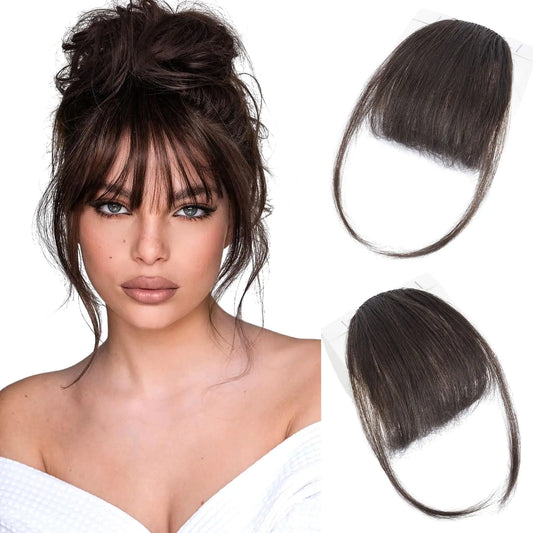 LUNDEREN Clip in Bangs Hair Clip on Bangs for Women 100% Human Hair Wispy Bangs Air Bangs with Temples Hairpieces for Women Curved Bangs for Daily Party Wear(Dark Brown)