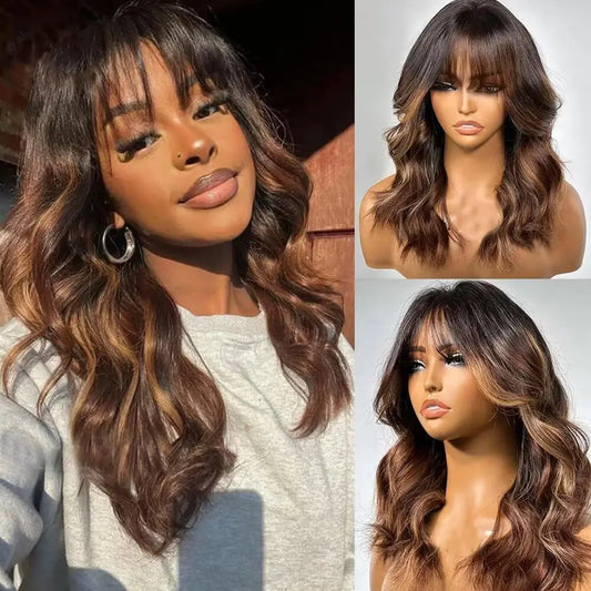 Triss Hair Brown and Honey Blonde Layered Cut Wavy Human Hair Wig With Bangs