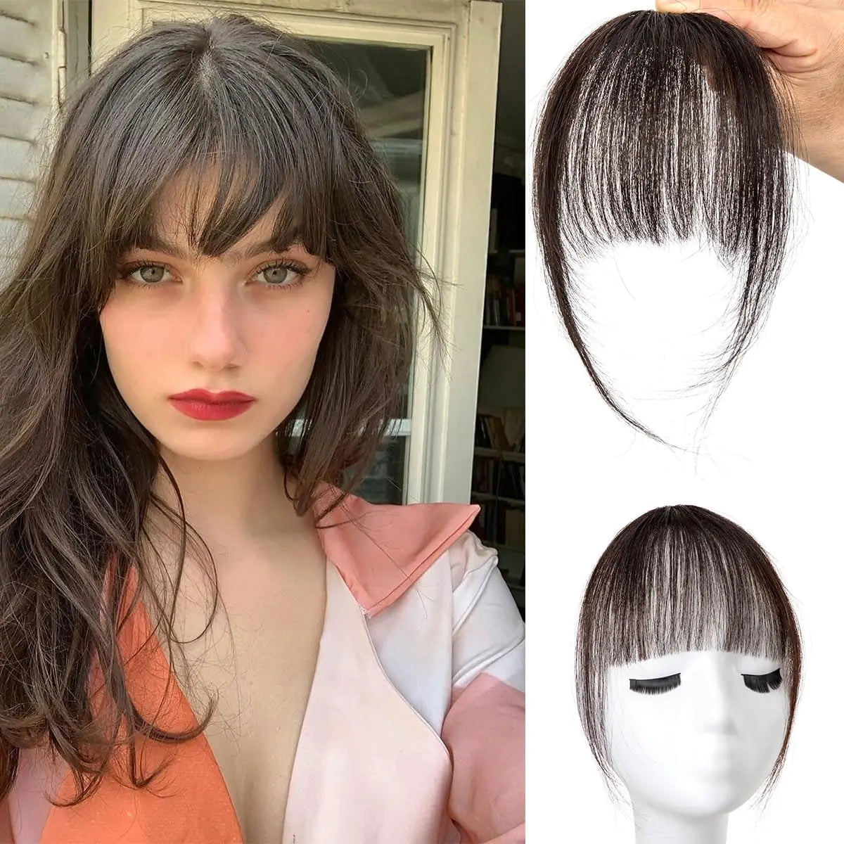 Bangs Hair Clip in Bangs 100% Real Human Hair Extensions Wispy Bangs French Bangs Clip on Air Bangs for Women (A-Brown Black Wispy Bangs)