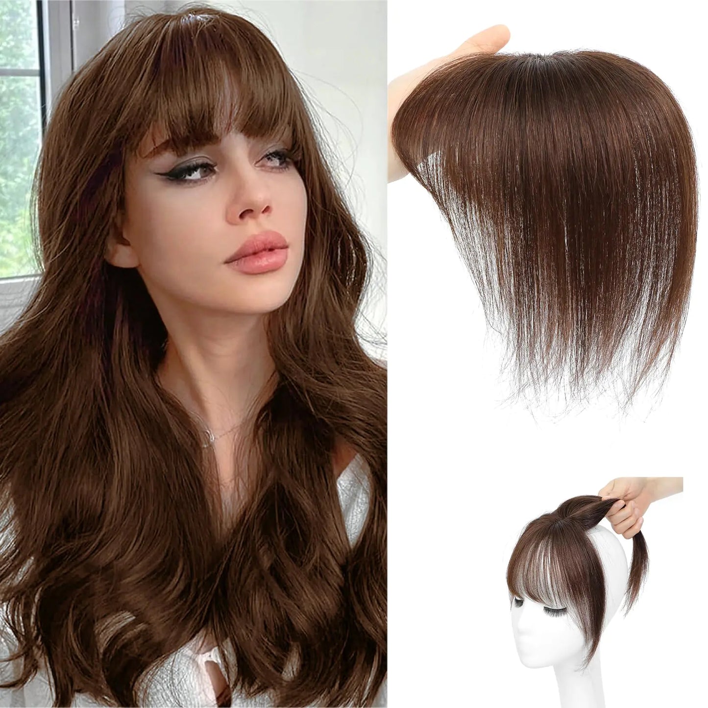 Clip in Bangs Bangs Hair Clip Hair Toppers for Women 100% Real Human Hair Bangs Clip in Hair Extensions 360° 3D Cover French Fake Clip on Bangs for Women (Mocha Brown)