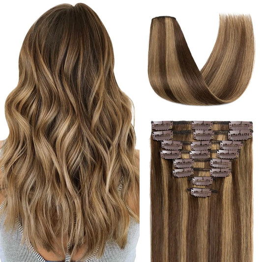 Triss Hair Human Hair 16 Inch Clip in Extensions Medium Brown & Dark Blonde