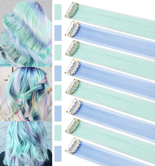 Triss Hair 21" 16 PCS Light Green Sky Blue Hair Ins Colored Clip in Hair Extensions Straight Fashion Hairpieces for Party  (Light green Light blue)