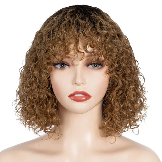 Triss Hair Short Curly Human Hair Wig with Bangs 10 Inch Jerry Curl Bob Wig